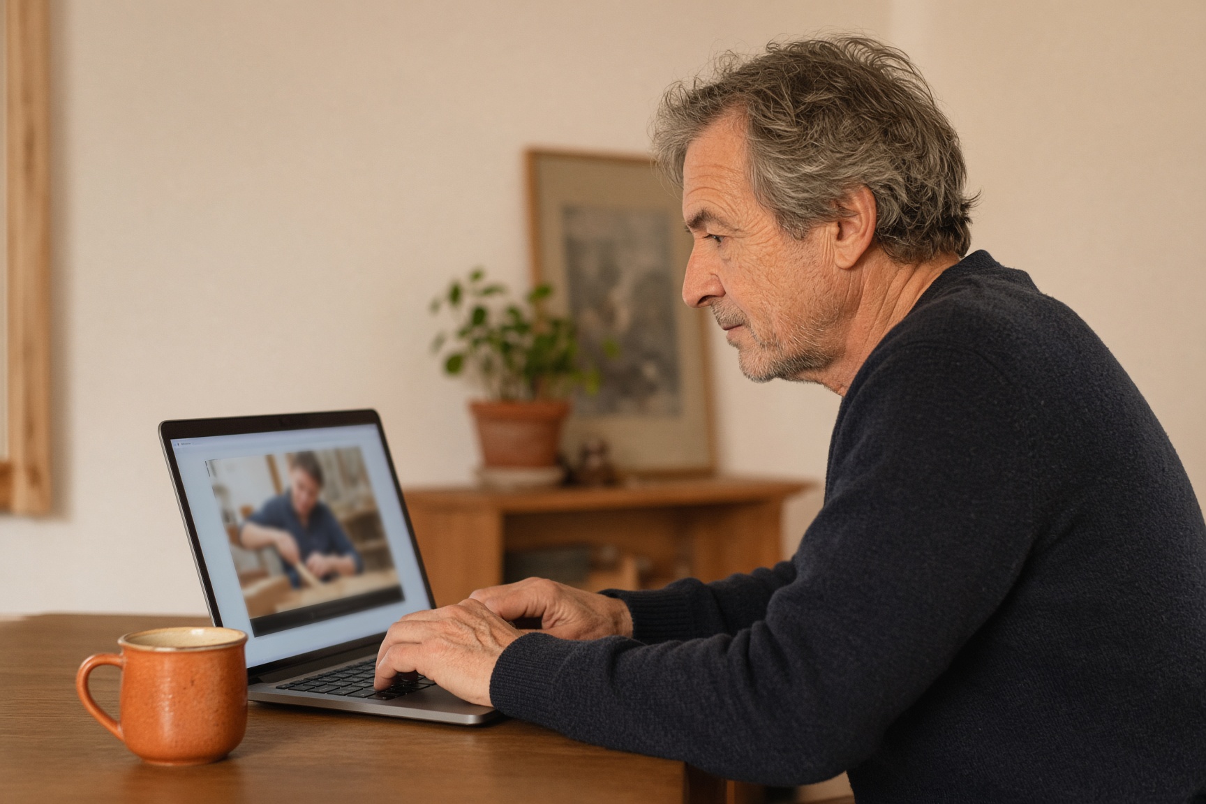 Un homme d’environ soixante-dix ans suit un tutoriel sur un ordinateur portable, une tasse orange à côté.