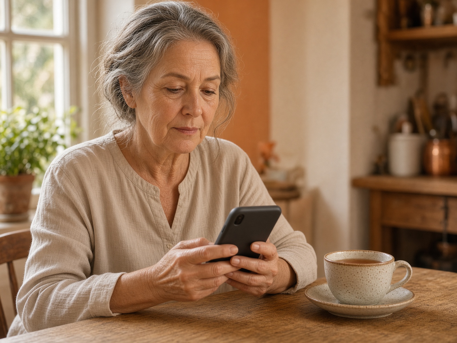 Gros plan sur une femme qui tient son téléphone des deux mains, à la lumière du jour.